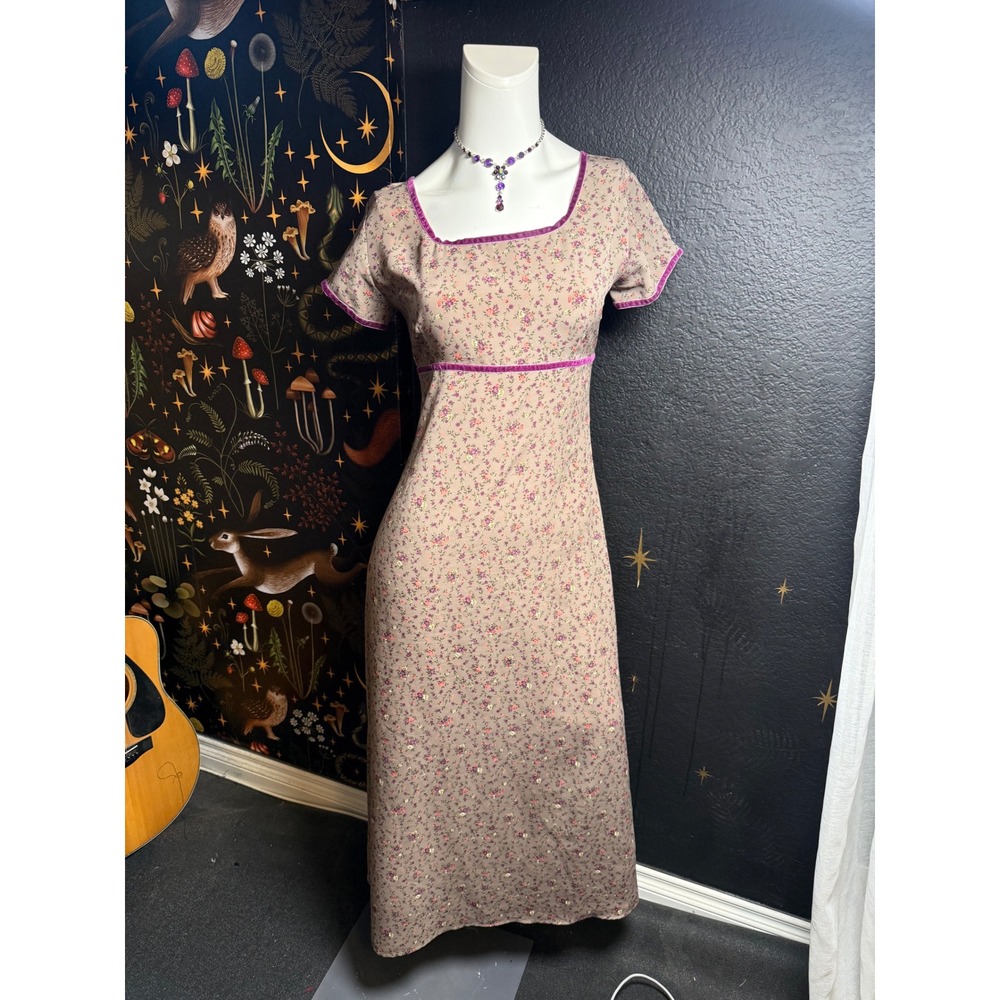Vintage Express Floral Empire Waist Maxi Dress Purple Velvet Trim Taupe 9/10